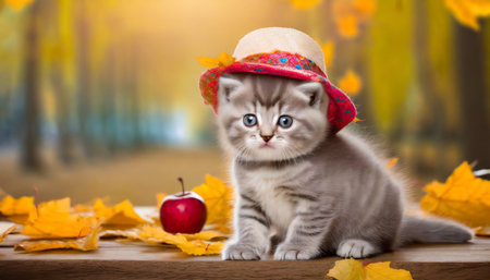 a cute little kitten is wearing a hat posing in an autumn park among fallen yellow leaves the background of the autumn calendar is a jokeの素材