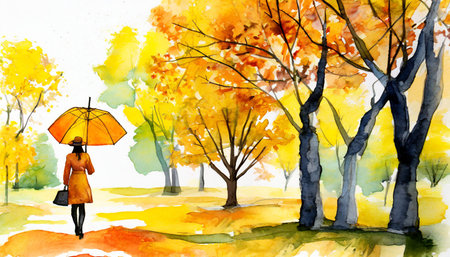 a figure with an umbrella in an autumn yellow park with trees on a white background watercolor paint drawingの素材