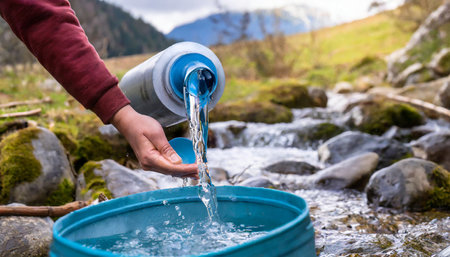 pouring water from a spring source at camping or hiking clean looking water can be contaminated and dangerous to healthの素材