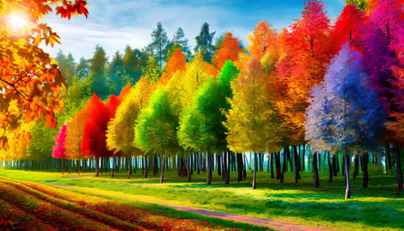 a row of colorful trees in a fantastic landscape of the forest rainbow spectrum autumn in a fairy taleの素材