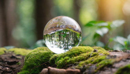 crystal ball on log and moss in forest in environmental concepts global warming esg net zero and environmental sustainabilityの素材