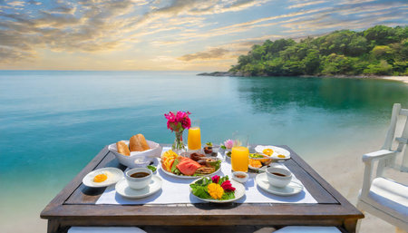 luxury breakfast table beautiful tropical sea sky background idyllic romantic morning love couples time at summer holiday honeymoon romance vacation concept travel and lifestyle destination diningの素材