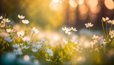 dream fantasy soft focus sunset field landscape of white flowers and grass meadow warm golden hour sunset sunrise time bokeh tranquil spring summer nature closeup abstract blurred forest backgroundの素材