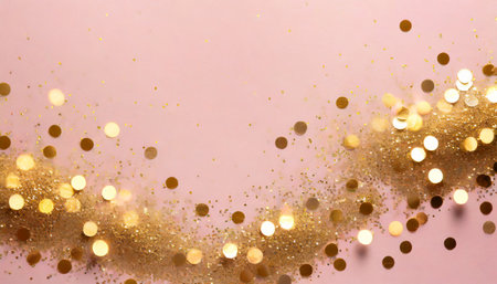 gold sparkles on pink background light pink minimalistic festive glamorous background with scattered golden metal glitter in delicate pastel colorsの素材