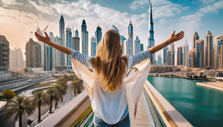 from behind you can see the traveler girl arms spread wide as she take in the incredible view of the and the dubai skylineの素材