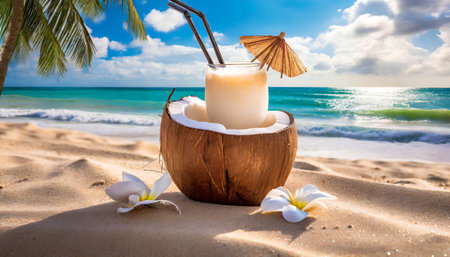 taste of the tropics a coconut cocktail a symbol of relaxation and beachside enjoyment set against the natural beauty of sand sea and skyの素材