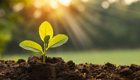 banner with young plant growing in garden seedling are growing in the soil with backdrop of the mourning sunlight green world and earth day concept ecology and ecological balanceの素材