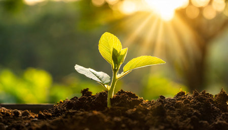 banner with young plant growing in garden seedling are growing in the soil with backdrop of the mourning sunlight green world and earth day concept ecology and ecological balanceの素材