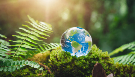 environment concept crystal earth on moss in forest with ferns and sunlight environment save clean planet ecology concept earth day banner with copy spaceの素材