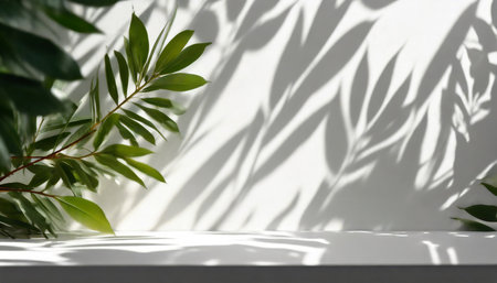 blurred shadow from leaves plants on the white wall minimal abstract background for product presentation spring and summerの素材