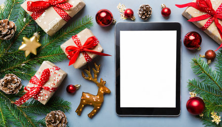 digital tablet mock up with rustic christmas decorations for app presentation top view with empty space for you design christmas online shopping concept tablet with copy space on colored backgroundの素材