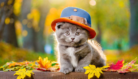 a cute little kitten is wearing a hat posing in an autumn park among fallen yellow leaves the background of the autumn calendar is a jokeの素材