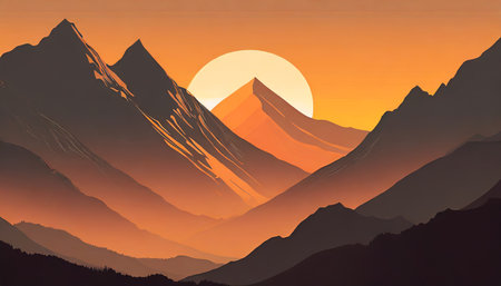 vector art illustration with a mountain range and a setting sun with orange hues ai generative artの素材