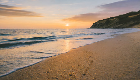 closeup beach coast sand texture with warm gold orange sunset light fantasy beach landscape sky sea bay tranquil relax bright horizon colorful sky peaceful nature seascape summer mediterraneanの素材