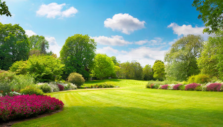 beautiful wide format image of a manicured country lawn surrounded by trees and shrubs on a bright summer day spring summer natureの素材