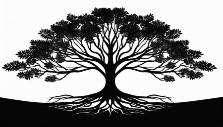 black tree silhouette vector illustration with roots isolated on white backgroundの素材