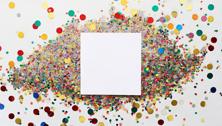 white greeting card over scattered colorful sequins and confetti on isolated white background with blank space mockup template flat lay top view with place for textの素材