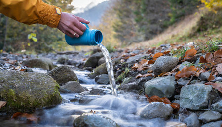pouring water from a spring source at camping or hiking clean looking water can be contaminated and dangerous to healthの素材