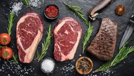 creative flatlay pattern with black angus prime beef ribeye steak on black stone background closeup raw dry aged wagyu rib eye beef steak roast meat chops food conceptの素材
