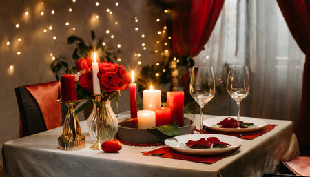 a romantic dinner for two with candles on the tableの素材