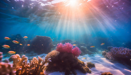 world ocean wildlife landscape sunlight through water surface with coral reef on the ocean floor natural scene abstract underwater backgroundの素材