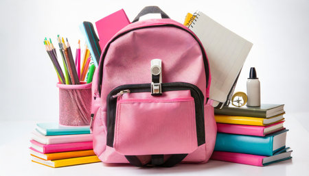 pink backpack with school supplies isolated on white backgroundの素材