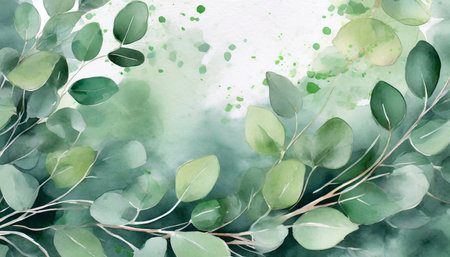 background with leaves green eucalyptus leaves falling on a watercolor background suitable for greeting cards designs wallpaper backgrounds textiles and illustrations ai generativeの素材
