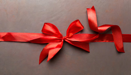 top view of red ribbon rolled and red bow isolated on colored background flat lay with copy spaceの素材
