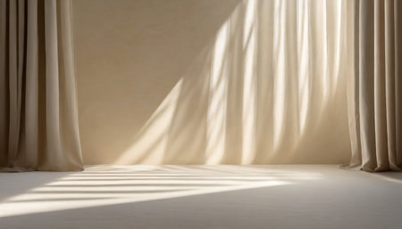 minimalistic abstract gentle light beige background for product presentation with light and shadow of window curtains on wallの素材