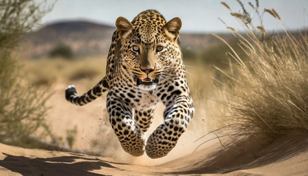 leopard running toward the camera in the desert amazing african wildlife generative aiの素材