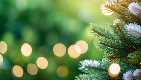 christmas tree pine on blurred green backdrop christmas and new year holiday background bokeh light banner with copy spaceの素材