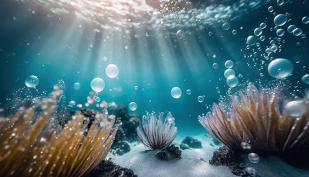 underwater world background with lightleaks bubbles and bokehの素材