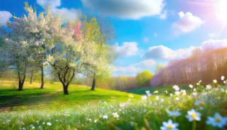 beautiful blurred spring background nature with blooming glade trees and blue sky on a sunny dayの素材