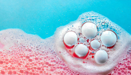 white cosmetics foam texture on blue background cleanser shampoo bubbles wash liquid soap shower gel shampoo texture of white foam on rose background cosmetics banner with copy spaceの素材