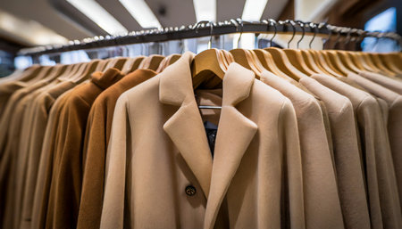 a close up shot of a row of light brown coats and sweaters on hangers in a store highlighting the timeless and classic appeal of women s fashionの素材