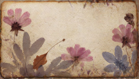 old handmade paper texture background with dried flowersの素材