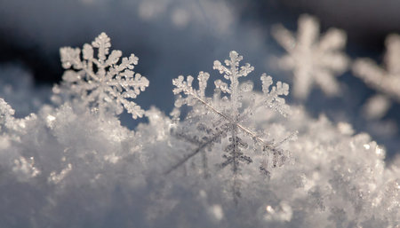 snow in winter close up macro image of snowflakes winter holiday backgroundの素材