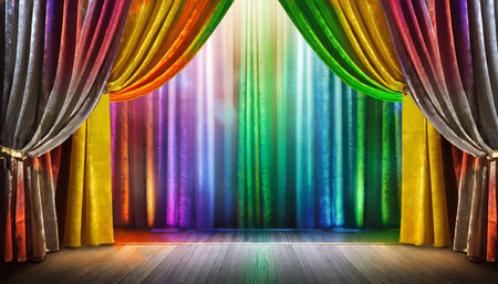 curtains with colorful stage illumination background photoの素材