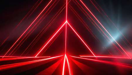 bright red neon laser lights illuminate the darkness creating lines and triangle shapes in sci fi effectの素材