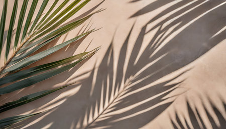 abstract neutral nature background with sunlight and shadow of tropical palm leaves creative minimal summer travel concept with gray shadow palm tree leaf blurred background flat lay mock upの素材