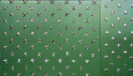green background from metal foil paper with a stars patternの素材