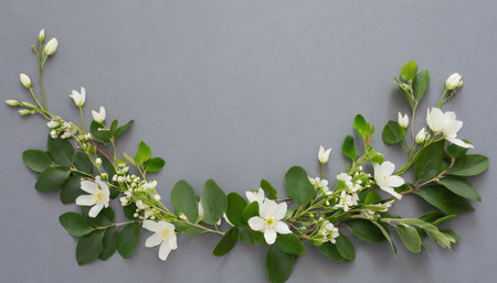 natural green branches and white flowers on empty grey background with copy space trendy template with fresh leaves eco summer concept skin care product marketing minimal plant flat lay top viewの素材