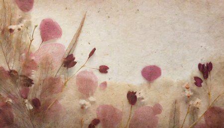 old handmade paper texture background with dried flowersの素材