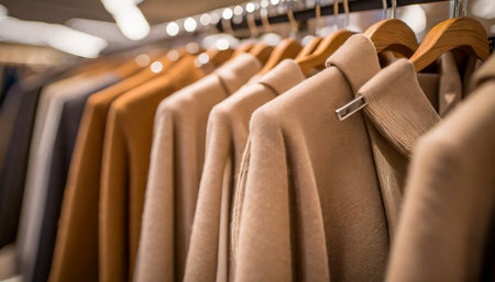 a close up shot of a row of light brown coats and sweaters on hangers in a store highlighting the timeless and classic appeal of women s fashionの素材