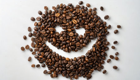 roasted coffee beans arranged in a smiling face on a white backgroundの素材