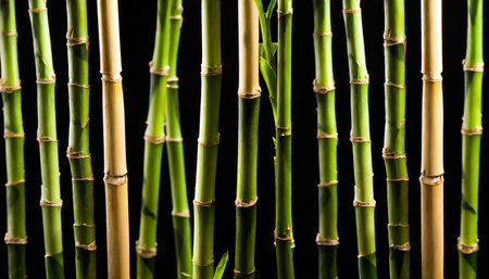 a close up photo of a group of bamboo stalks on a black backgroundの素材