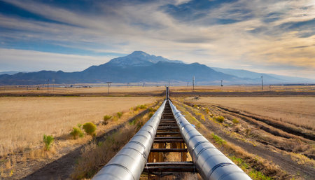 oil pipeline running through a field towards a mountain in the distanceの素材