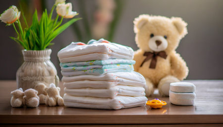 a beautifully arranged stack of baby diapers on a table accompanied by an adorable toy teddy bear the scene is set with delicate touches for both boys and girls offering a charming backdropの素材