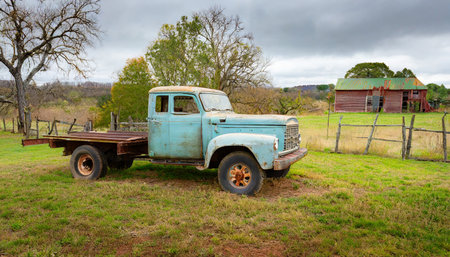 old abandoned pickup truck on an old farmの素材