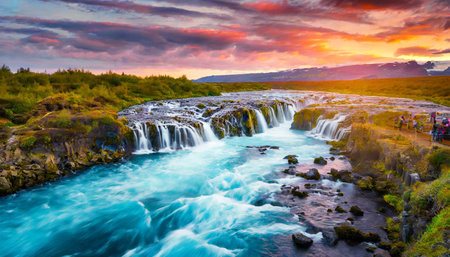 bruarfoss waterfall iceland fantastic south iceland with a colorful sunset an blue water iceland is a most popular place of travel travel is a lifestyle conceptの素材